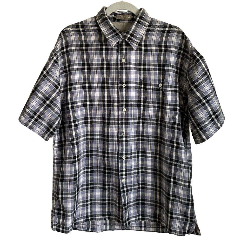 Haggar Men's Plaid Shirt Sz L Linen Cotton Blend Button Up Short Sleeves Blue